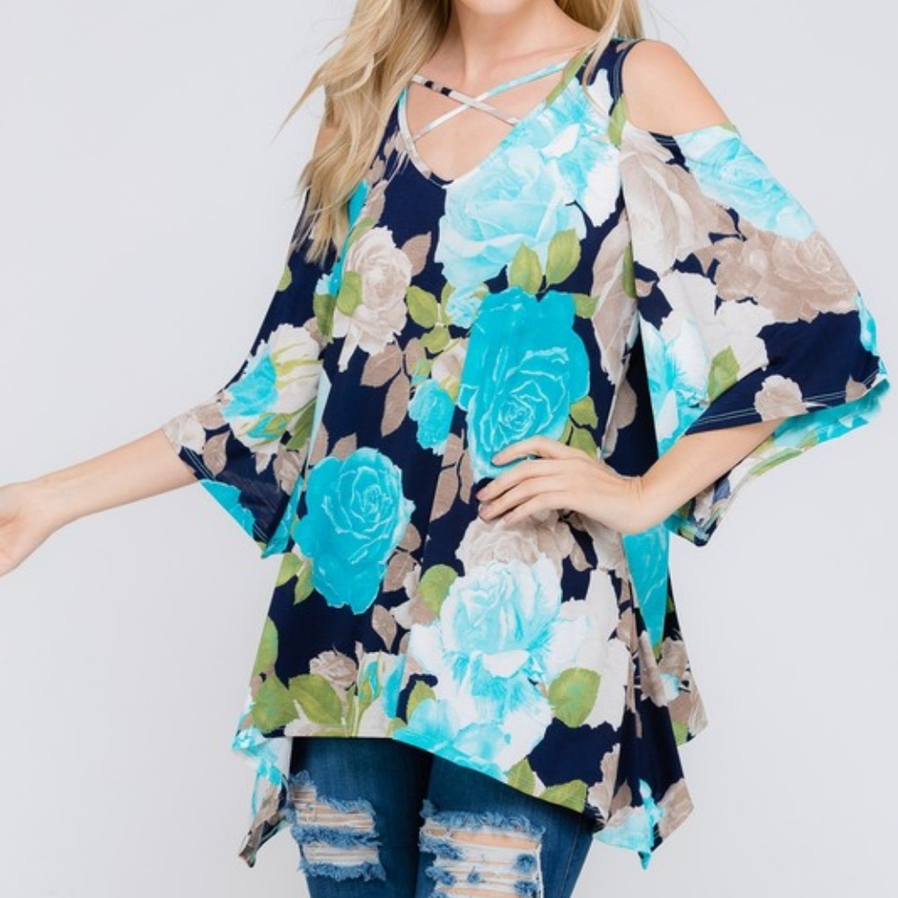 Lovely J Plus Size Navy & Aqua Blue Floral Tunic Top